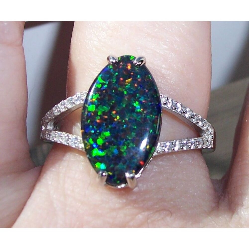 925 Sterling Silver Marquise Lab Created Green Black Opal CZ Ring - Picture 5 of 16